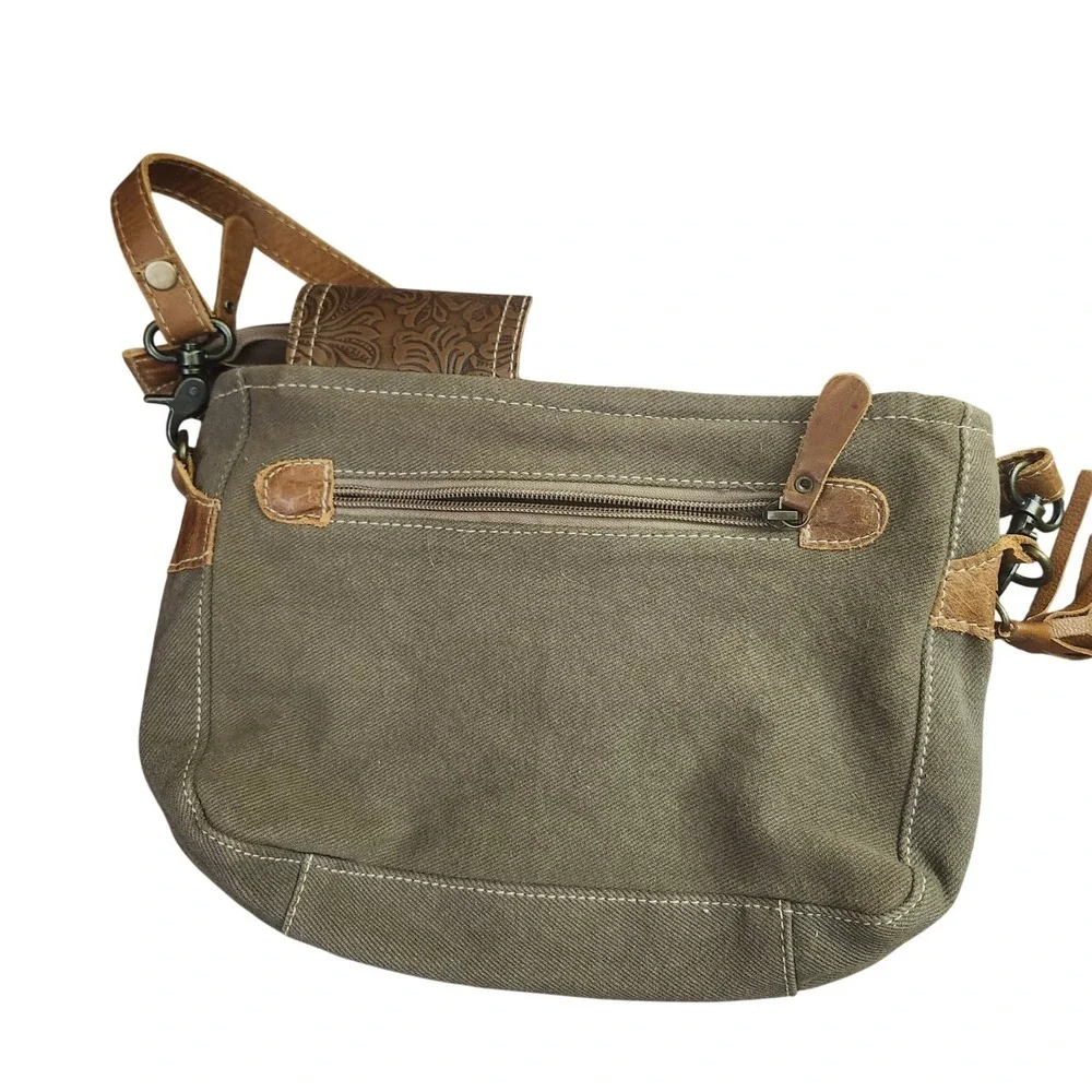 Myra Bag Spellbound Canvas Leather Earthy Hippy Messenger Bag Olive‎ Green Boho